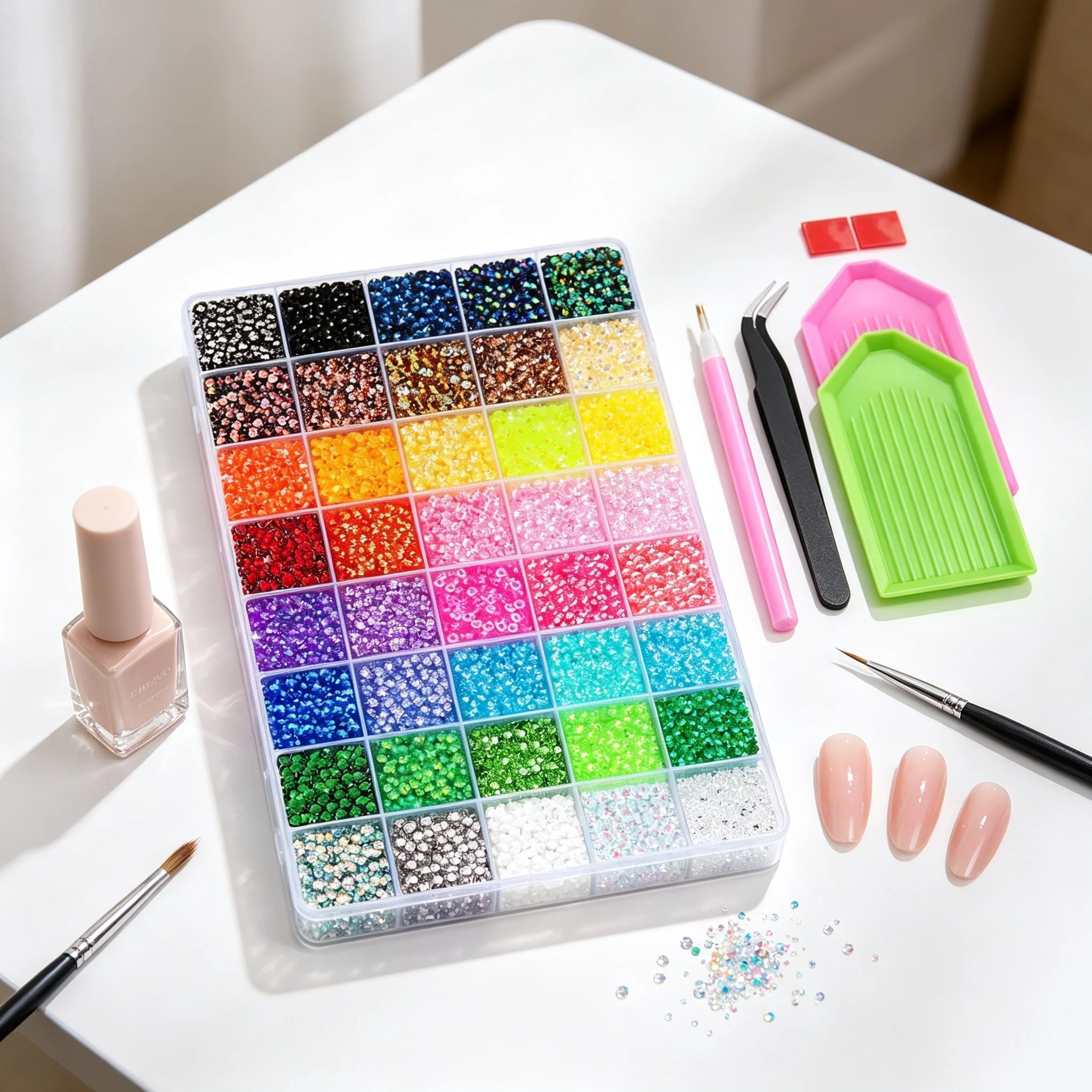 40Grids Flatback Resin Nail Rhinestones AB Jelly Multi‑Color Non‑Hotfix Nail Gems With Pickup Pen Tweezers Rhinestone Tray Tools