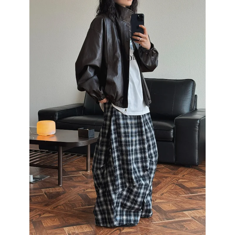 Chaqueta de cuero PU de primavera para mujer, ropa holgada, nueva versión coreana, perfil de moda, ropa con cuello levantado, abrigos de costura falsa, café