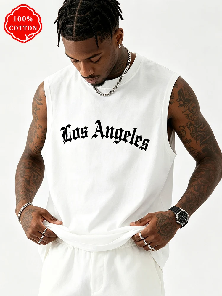 Men Vintage Gothic Los Angeles Letter Print Cotton Tank Top Oversized Sleeveless Vest Hip Hop  Summer Sleeveless T Shirt-T82