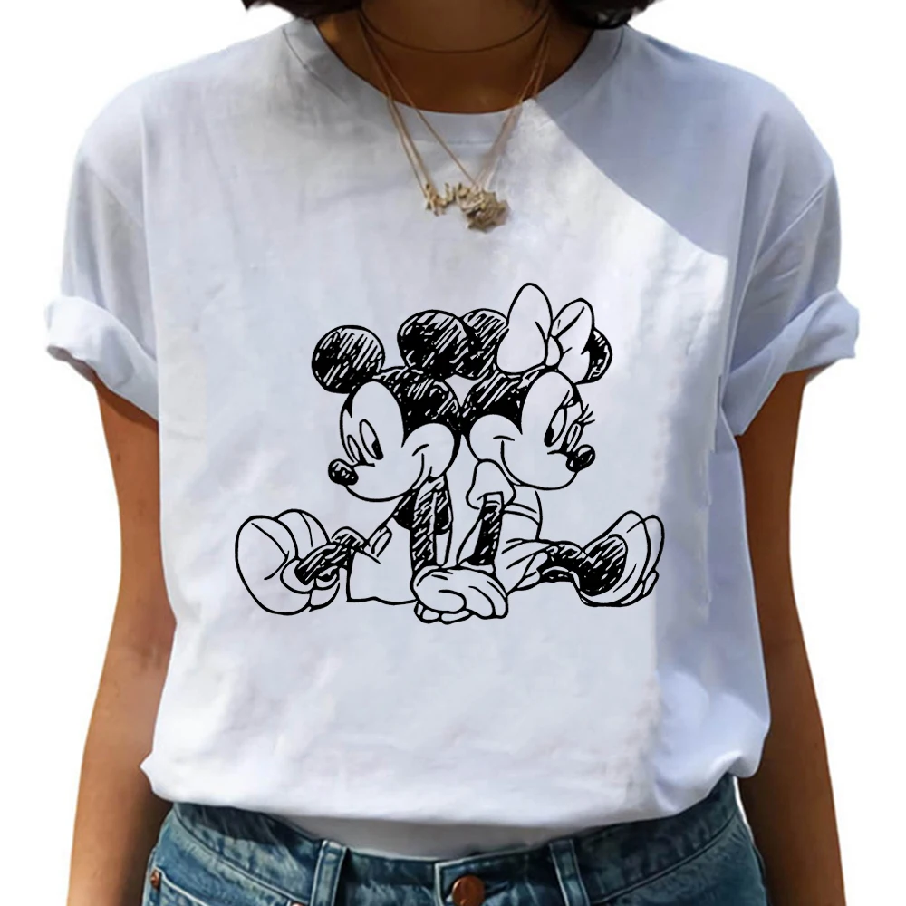 Cute Disney Cartoon 90S Tops Mickey Mouse Family Fashion Woman Blouses 2023 Summer Tee Harajuku Shirts White Top