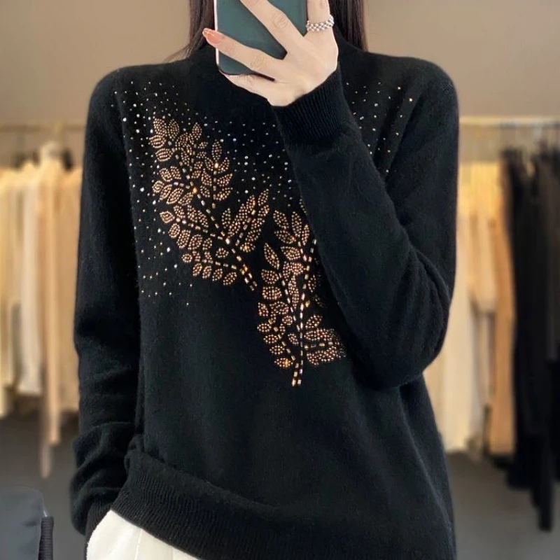 Spring Autumn Elegant Trend  Long Sleeve Sweaters Women\'s Clothing Fashion Korean Diamonds Half High Collar  Knitted Tops