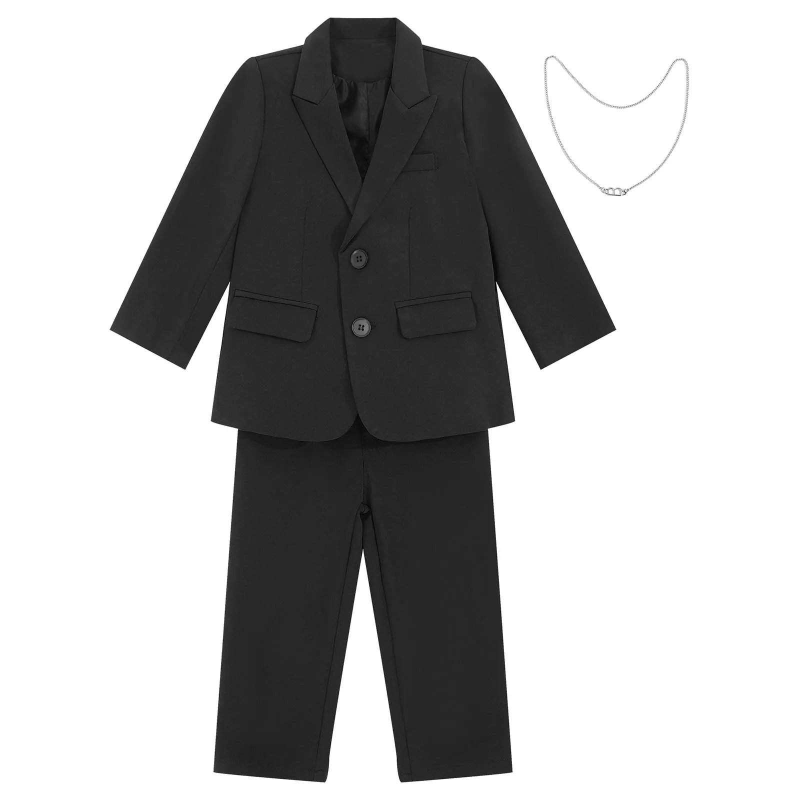 Children Boys Casual Gentlemen Suit Wedding Birthday Party Evening Outfits Long Sleeve Lapel Blazer with Pants Metal Necklace