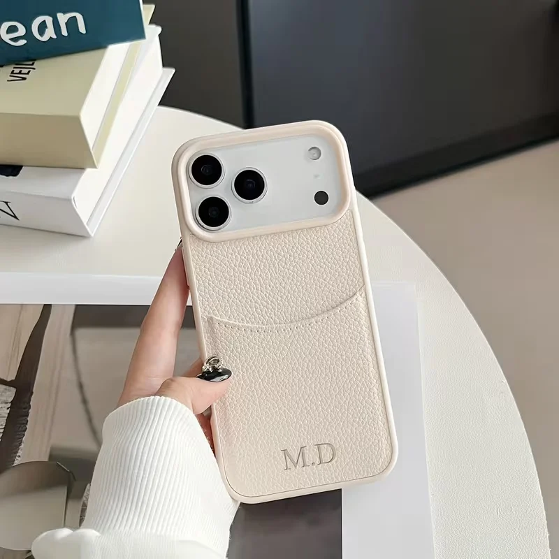 Custom Name Initials Insertable Card Phone Case For iPhone17Air 16 15 14 13 12 Pro Max 16Plus Lichee Leather Hot Embossed Letter