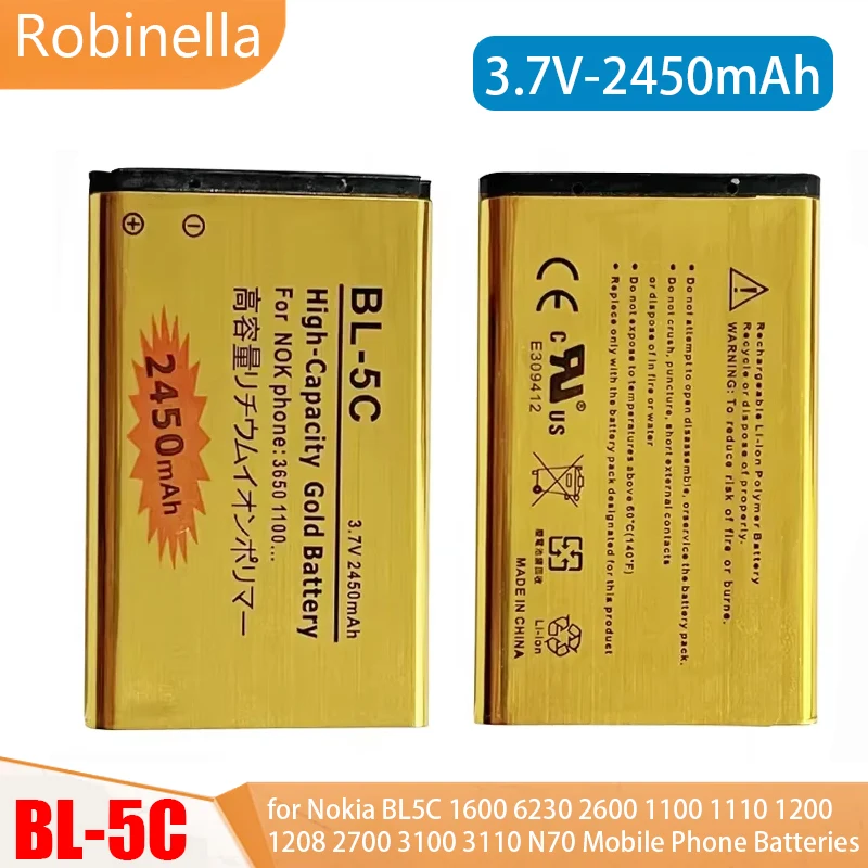 BL-5C Battery 3.7V Rechargeable Li Ion Batteries BL5C 2450mAh for Nokia 2600 1100 1110 1112 2610 6230 6630 Mobile Phone BL-5C