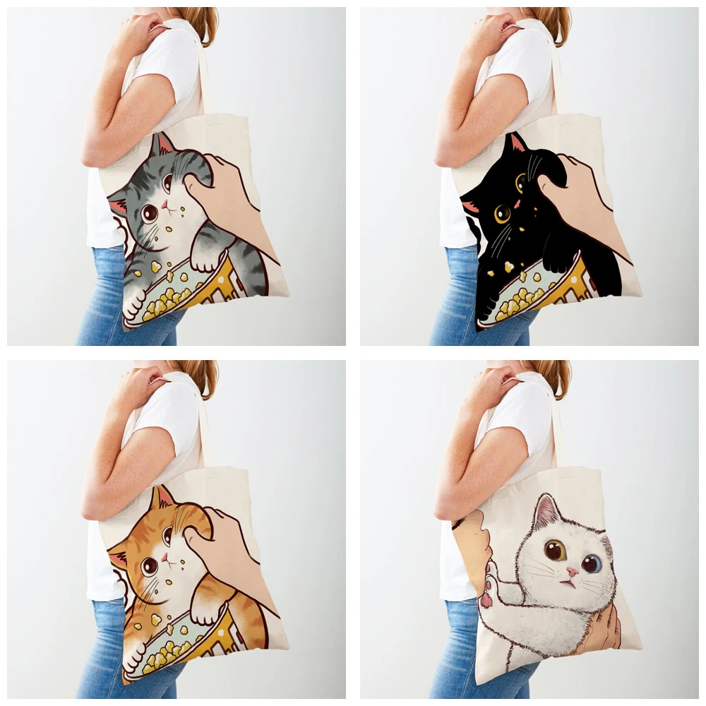 Both Sided Shopper Bag Funny Cartoon Cat Casual Women Shopping Bag Reusable Cute Pet Animal Canvas Lady Tote Handbag for Child