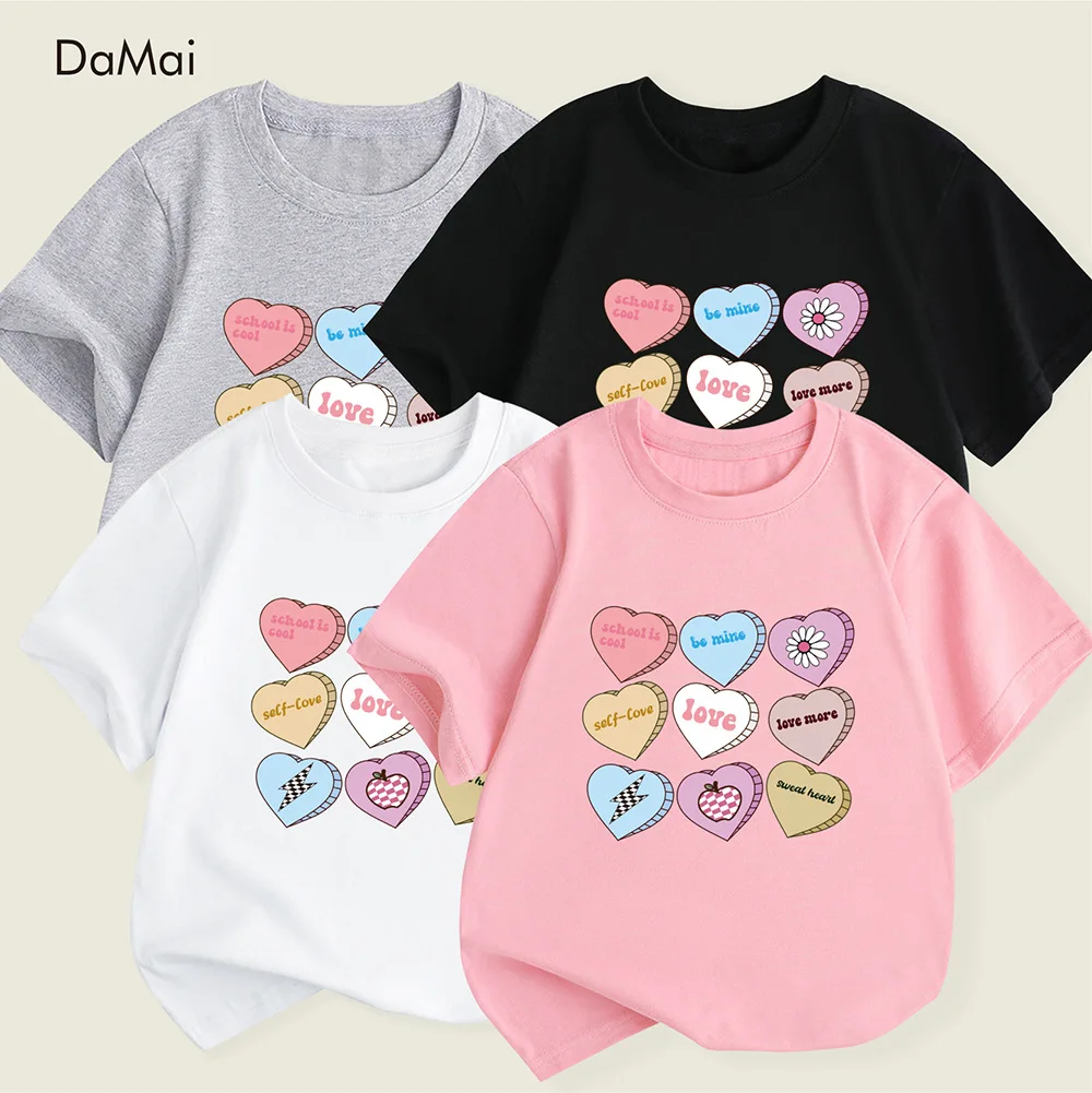 Girls Casual Round Neck Short Sleeve T-shirt Love Letter Printed Round Neck Comfortable Children's Wear Clothes