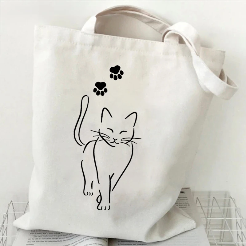 Moda lona sacola copo de gato preto impressão grande capacidade adolescente ombro saco de compras dos desenhos animados moda gatinho bolsas femininas