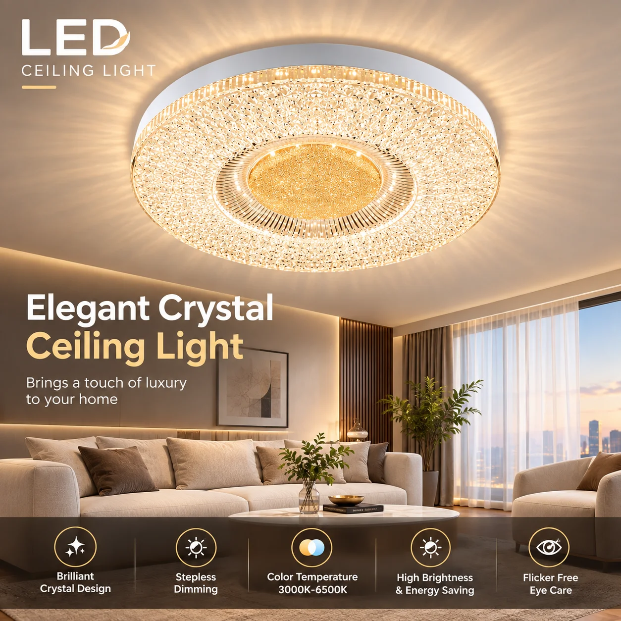 Modern Square Crystal LED Ceiling Light, 24W/36W/48W Flush Mount Light Fixture, Sparkling Ceiling Lamp for Bedroom, Living Room