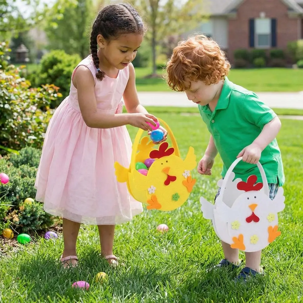 Practical Colorful Easter Felt Basket Cartoon with Handle Chicken Tote Bag Cute Rabbit Egg Basket Easter Egg