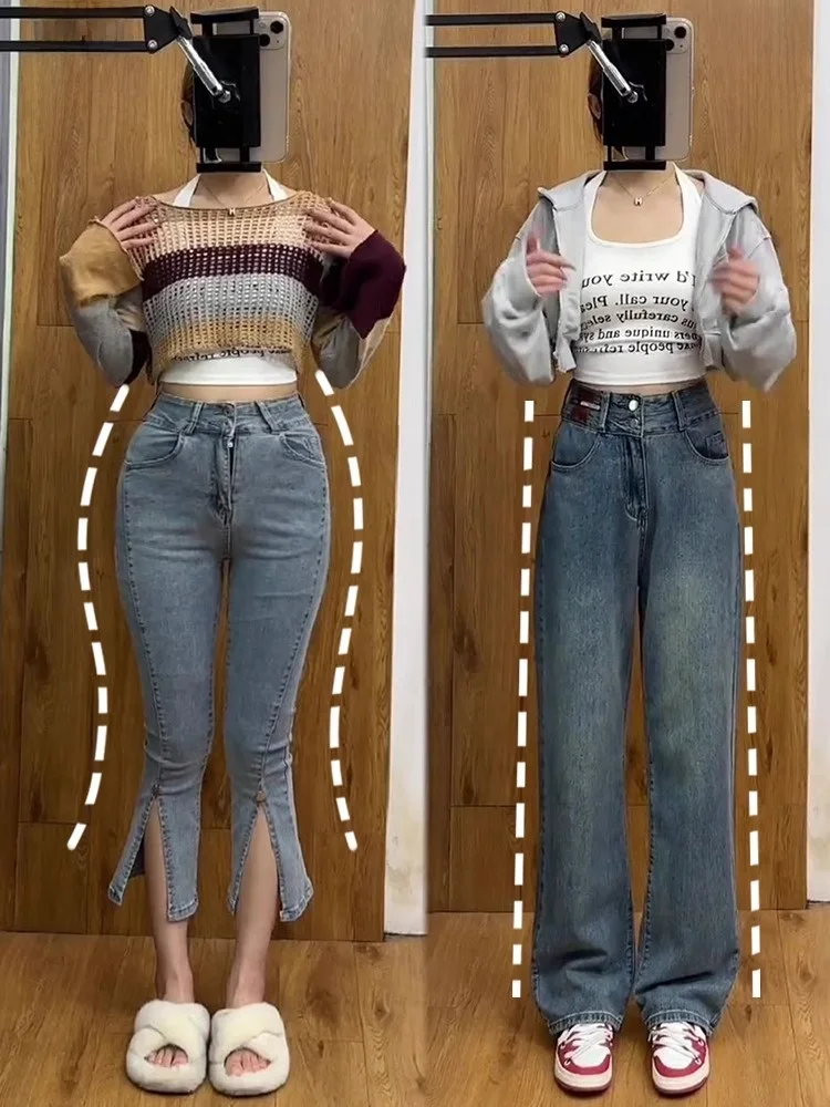 

Джинсы женские с высокой талией и широкими штанинами, весна-осень, новинка, скрывающие фигуру, прямого кроя, облегающие, ретро-стиль, деним