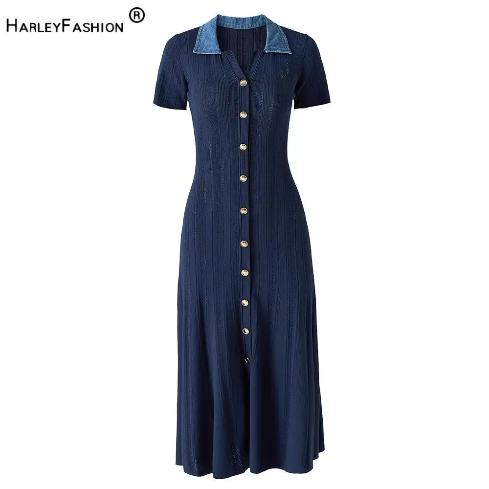 

Designed Denim Patchwork Turn-down Collar Lady Summer Casual Wear Short Sleeve Knits A-line Midi Dress Women