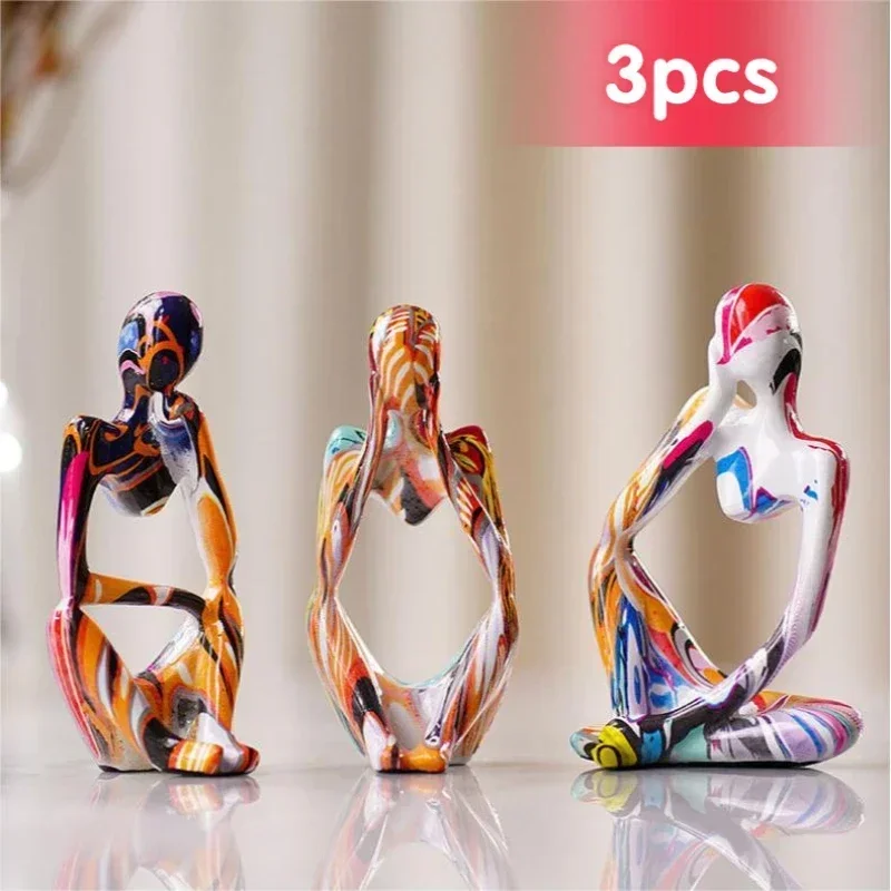 3pcs Home Decoration Room Decorative Ornaments Colorful Abstract Thinker Statue Graffiti Resin Characters Figurines for Interior