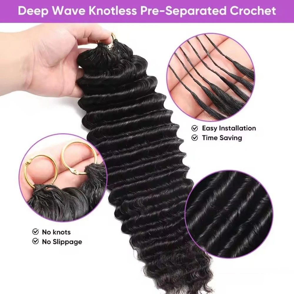 300g Human Hair Miracle Knots Hair Feather Crochet Hair 60g/pc Deep Wave Human Crochet Hair Knotless Braiding Hair Extensions