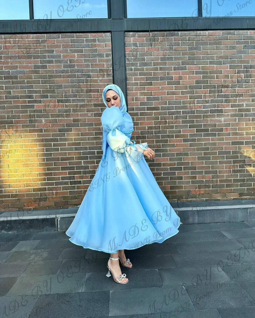 OEING Simple Sky Blue Organza Prom Evening Dresses Muslim Arabic Dubai Women Long Sleeves High Neck Formal Prom Party Gowns