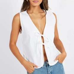 Women's Summer Casual Tank Tops Sleeveless V Neck Solid Color Bow Tie Front Vest Ladies Going out Camis Streetwear