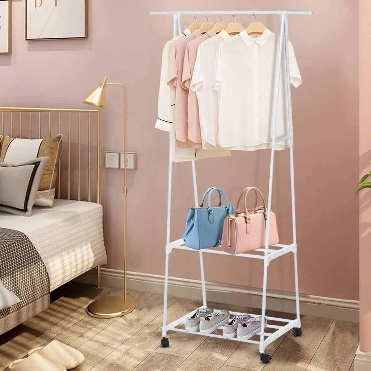 

Removable Bedroom Hanging Clothes Rack with Wheels Floor Standing Coat Rack Multi-function Modern Triangle Coat Wardrobe Hanger