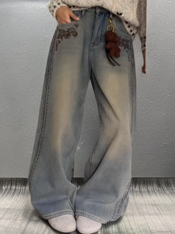 

High Waist Wide Leg Denim Jeans Embroidered Floral Design Spring Street Sle Women's Premium Feel Casual Loose Fit Blue