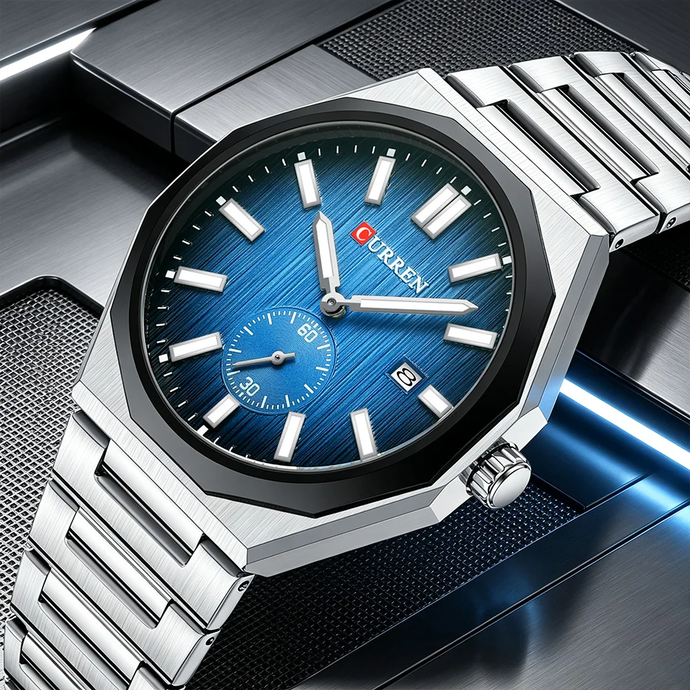 CURREN Men Quartz Watch Luxury Octagon Dial Stainless Steel Band Luminous Date Waterproof Business Male Wristwatch Reloj Hombre