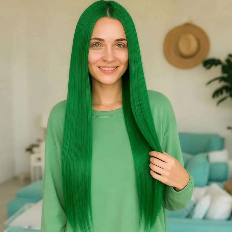 Green 28 inch straight synthetic fiber wig without bangs, elegant style suitable for daily wear at role-playing parties