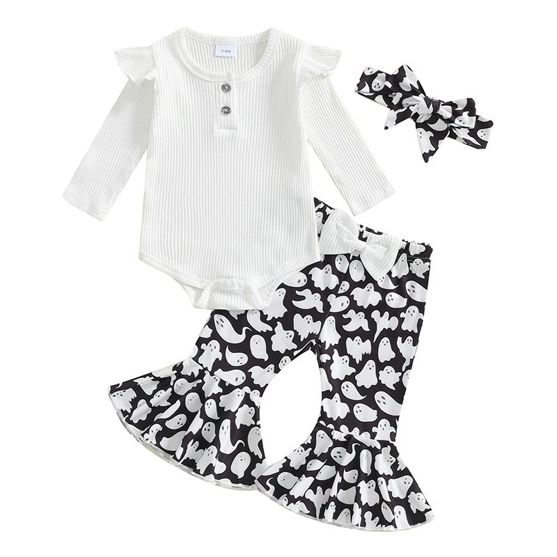 

Baby Girl Halloween 3 Pcs Outfit Solid Ribbed Long Sleeve Romper with Ghost Print Flare Pants and Headband Set