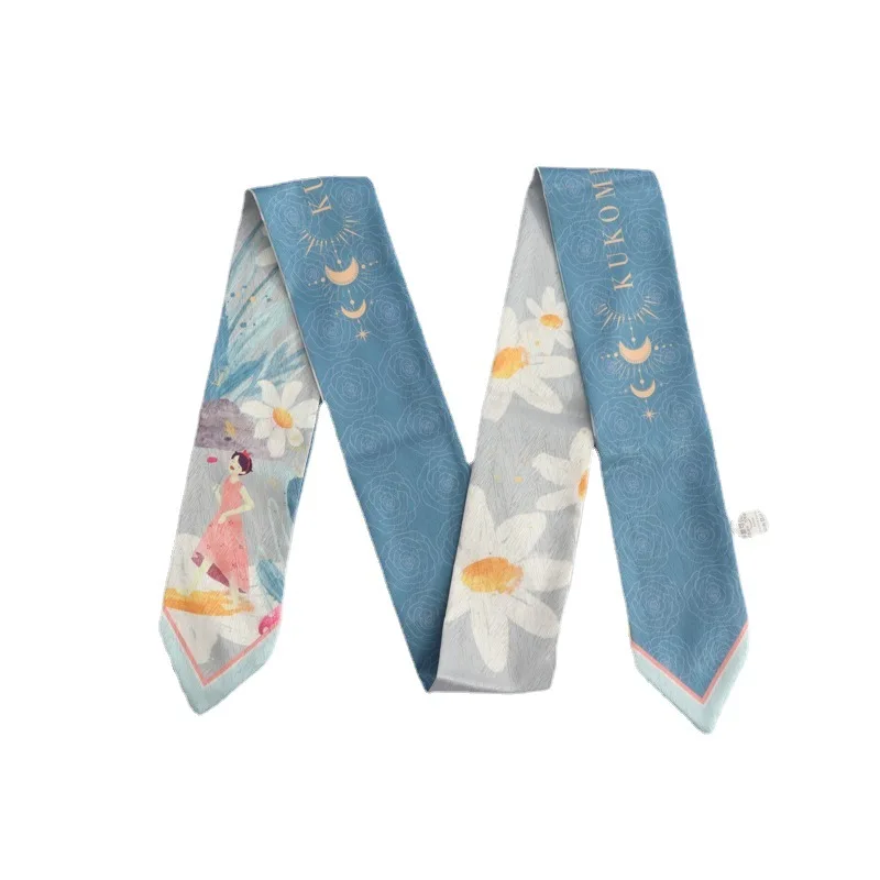 New Summer Print  Lotus Small Scarf Handle Bag Ribbons Fashion Head Scarf Small Long Skinny Scarves Headbands Scarf For Women