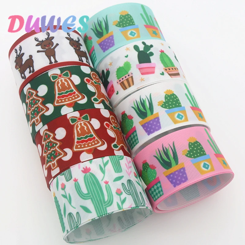 DUWES 1.5'' 50yards christmas cactus Printed Grosgrain Ribbon Accessory Hairbow Headwear Decoration DIY Wholesale 38mm D1322