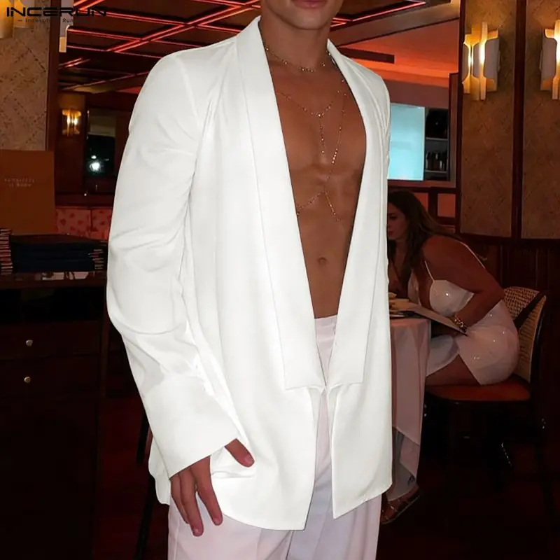 

Мужская рубашка INCERUN, однотонная, с V-образным вырезом, длинным рукавом, с перфорацией, кардиган, уличная одежда, топы, 2026, свободный крой, модная повседневная мужская одежда