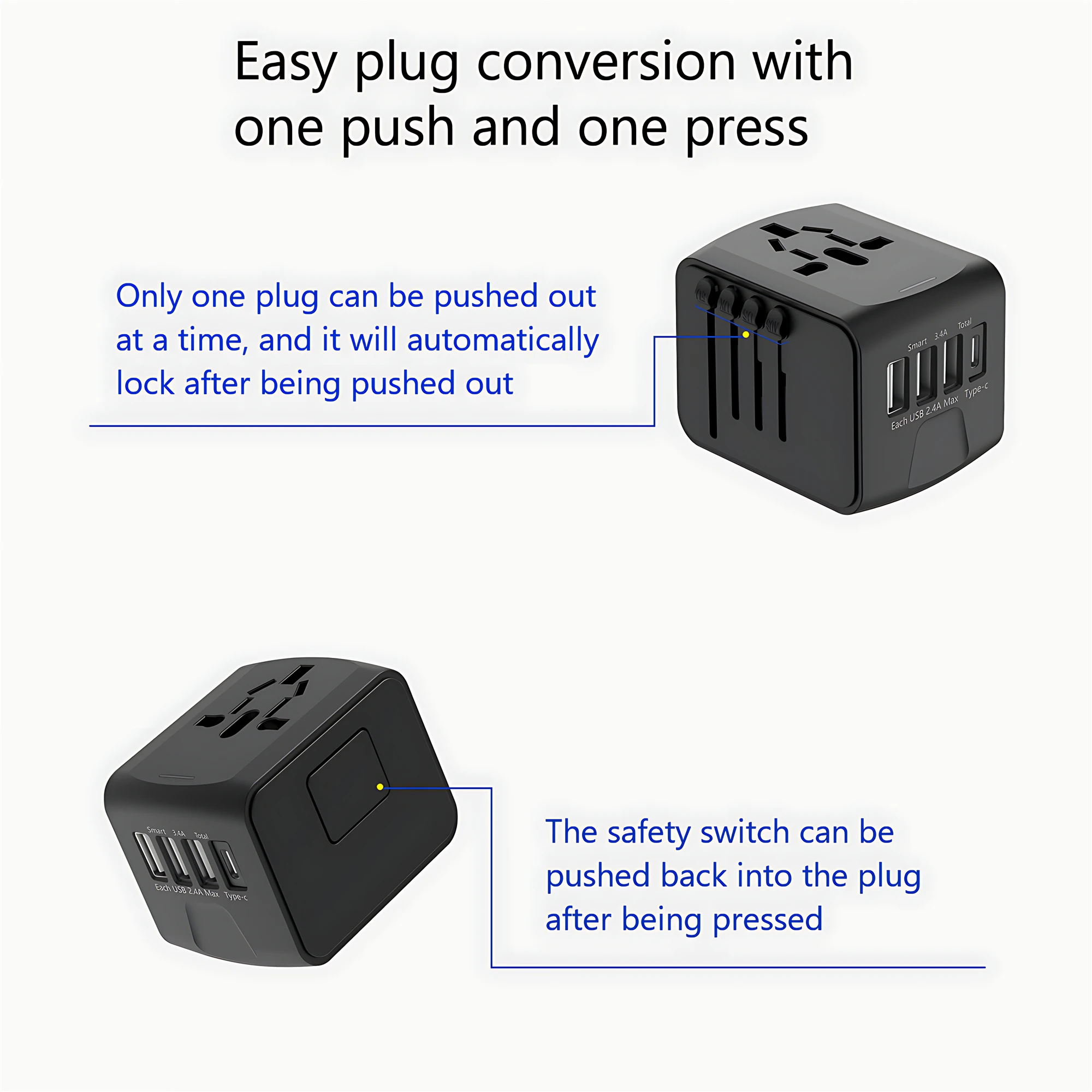 Adaptador de viaje internacional, Regleta de alimentación todo en uno con 3 puertos USB 1 tipo C, carga rápida EU UK US AU para viajes
