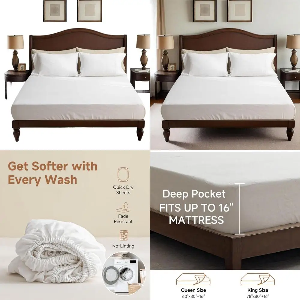 

King Size 100% Linen Fitted Sheet with 16 Pocket, Stone Washed French Flax, Breathable & Soft - White