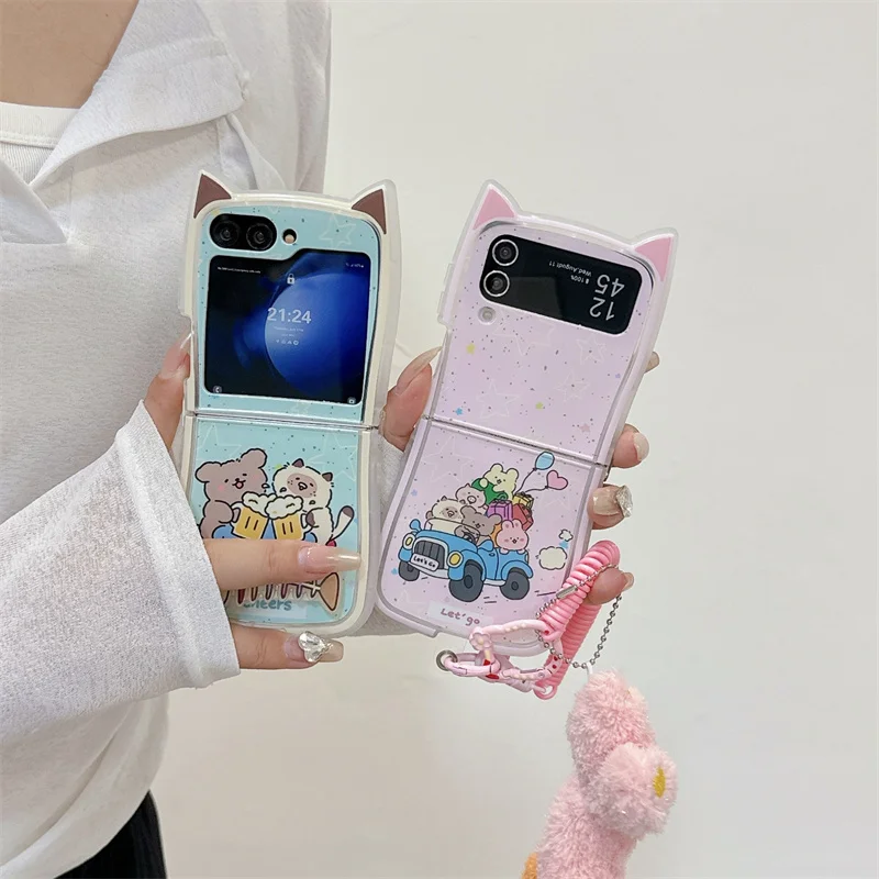 Cute Driving Cat Wristband Phone Case For Samsung Galaxy Z Flip 6 5 4 3 ZFlip6 Z Flip6 ZFlip 6 Cat Ears Shockproof Cover