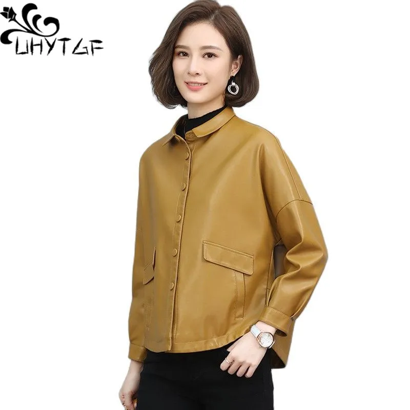 

UHYTGF Quality Sheepskin Spring Autumn Leather Jacket Women Long-Sleeved Casual Short Outerwear Korean Loose Size Tops Coat 2344