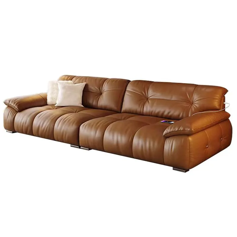 

Leather sofa high backrest first layer cowhide Italian retro living room straight row with charging smart home