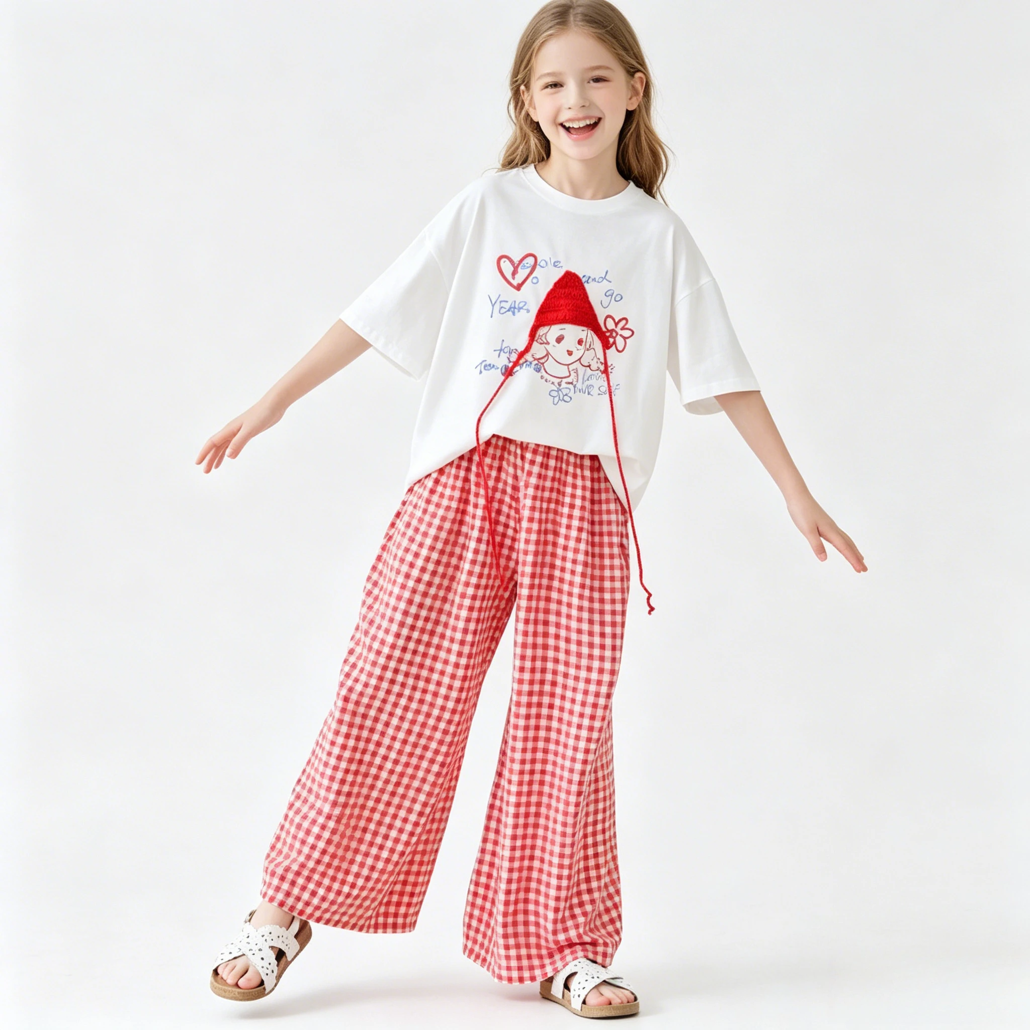 Girls Cartoon Print 2pc Set Short Sleeve T-Shirt Red Plaid Wide Leg Pants Kids Casual Outfit for Summer Playdates Trips Hangouts