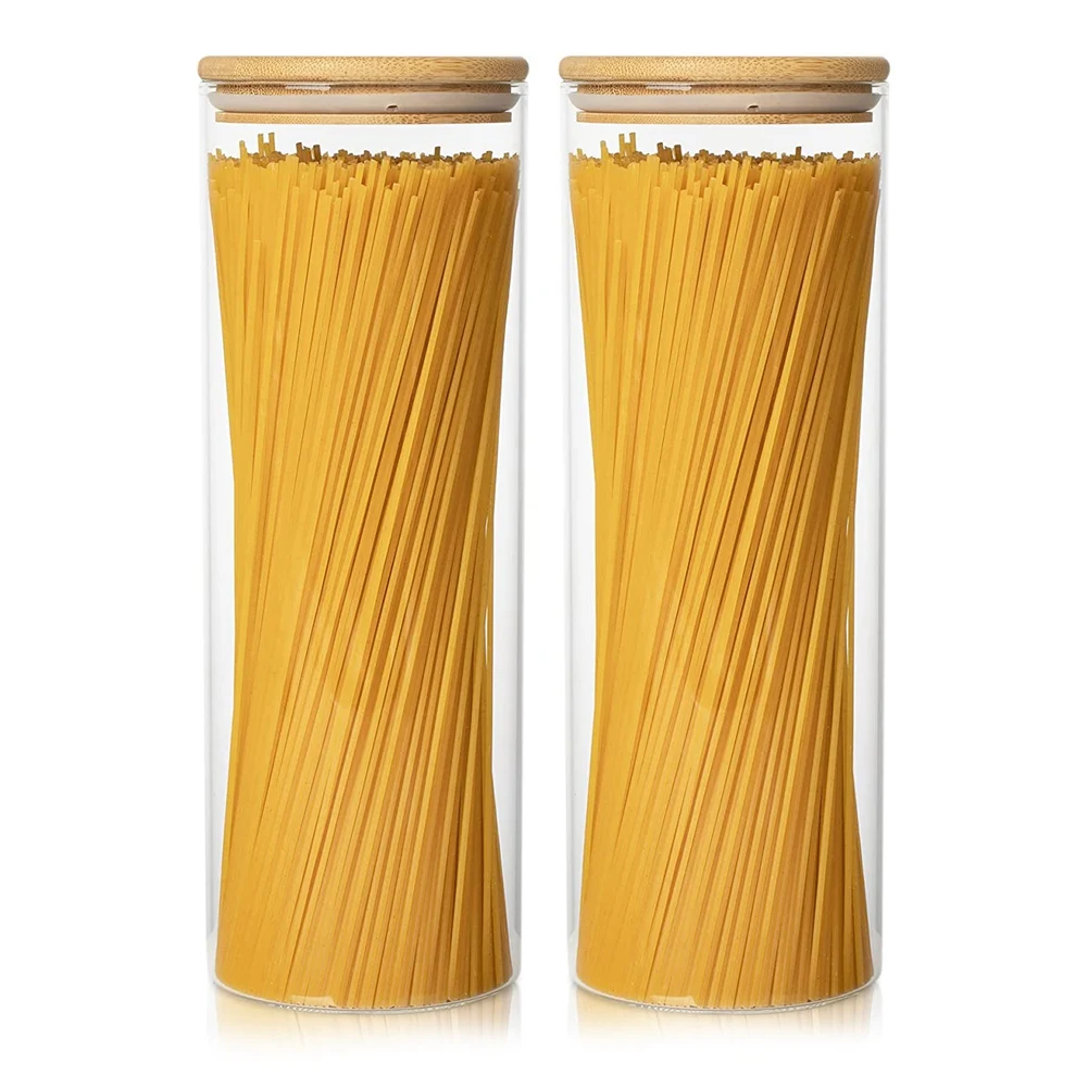 

Glass Storage Containers 2 71Oz Tall Spaghetti Jars with Bamboo Lids - Kitchen Food Storage Canisters for Pasta