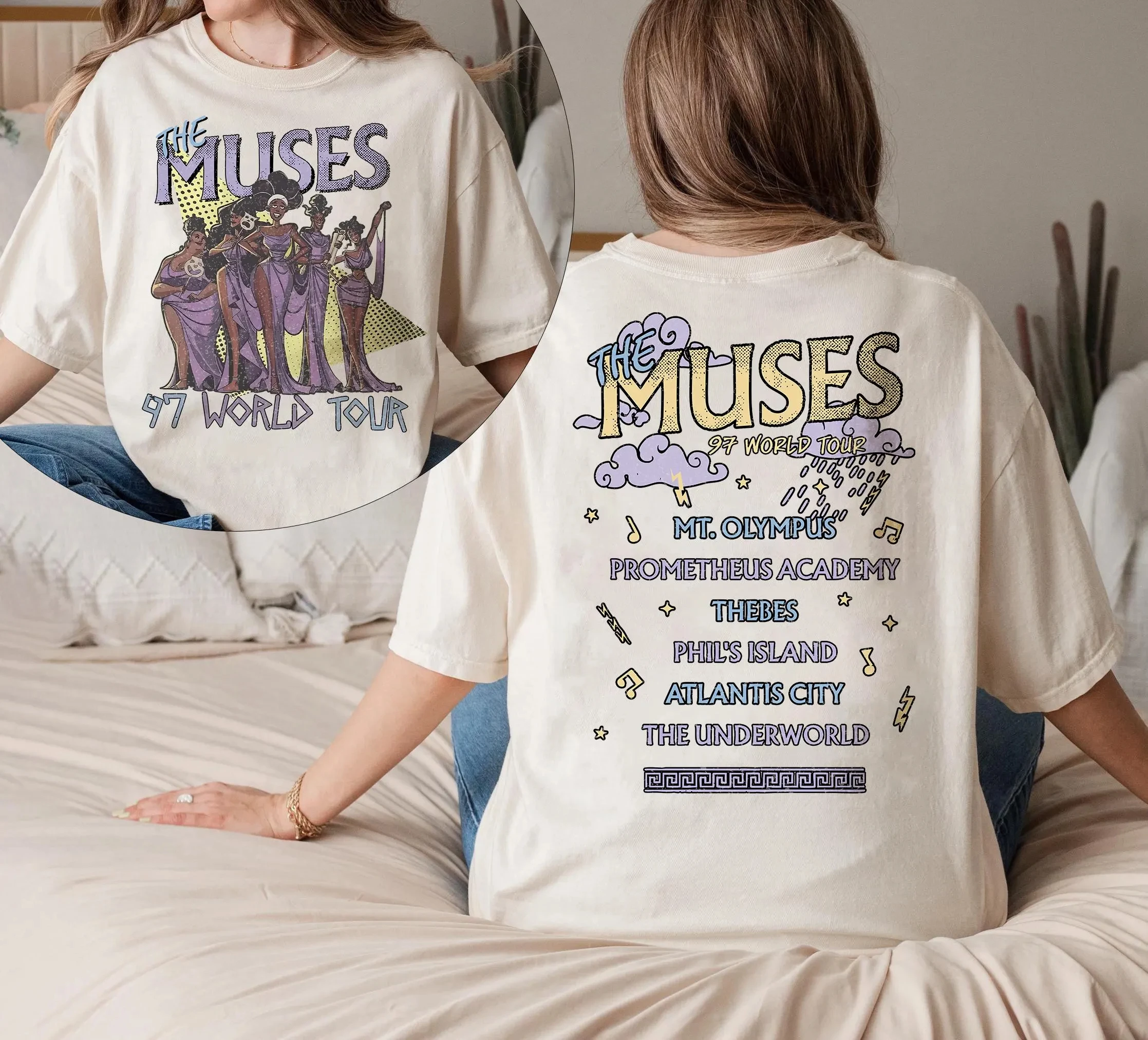قميص مريح ملون ريترو ديزني هرقل The Muses 97 World Tour قميص ريترو ديزني هرقل ديفا حفلة موسيقية الأغنية