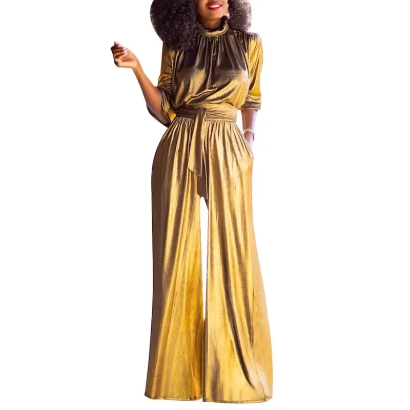 

Fashion Women Long Sleeve Ruched Wide Leg Jumpsuit Sexy Party Romper One Piece Set Playsuit Streetwear