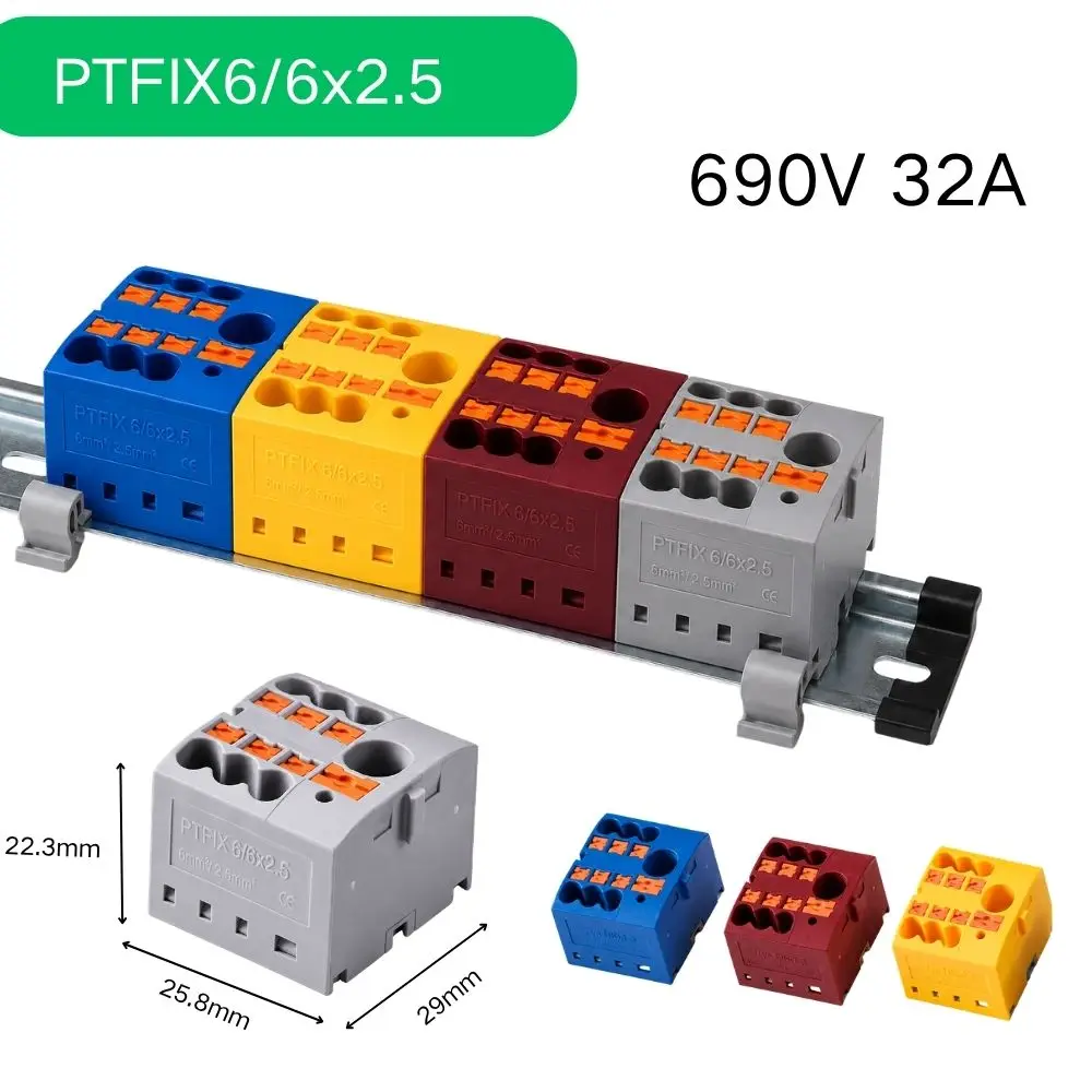 Push-in Terminal Block 1 Input to Multiple Outputs, DIN Rail Wire Distribution Connector, PTFIX6 KV225