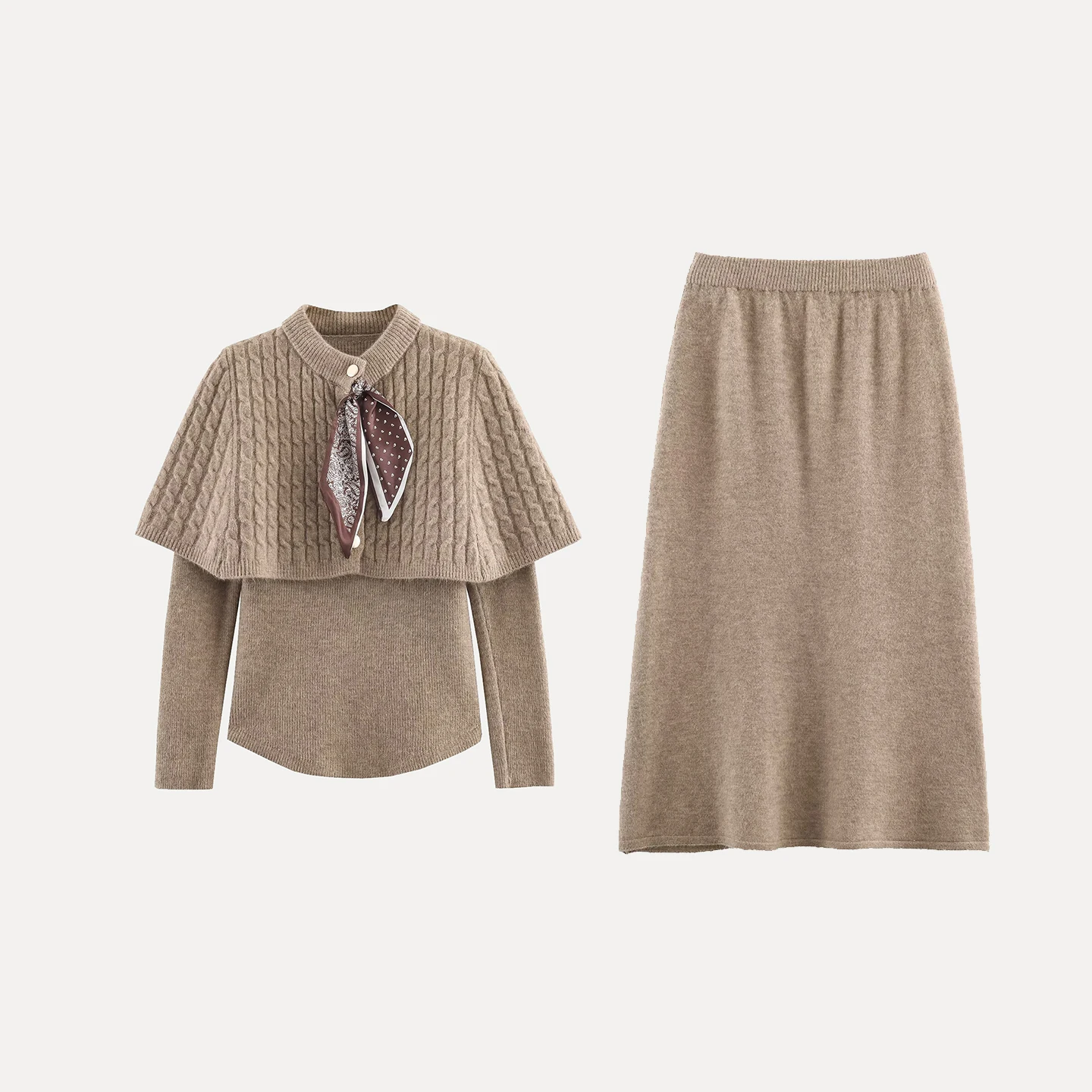 2025 Herbst Neue Ankunft Frauen Faionable Personalisierte Gestrickte Schal Gürtel T-Stück Set Lose Fit runde Ne Farbe