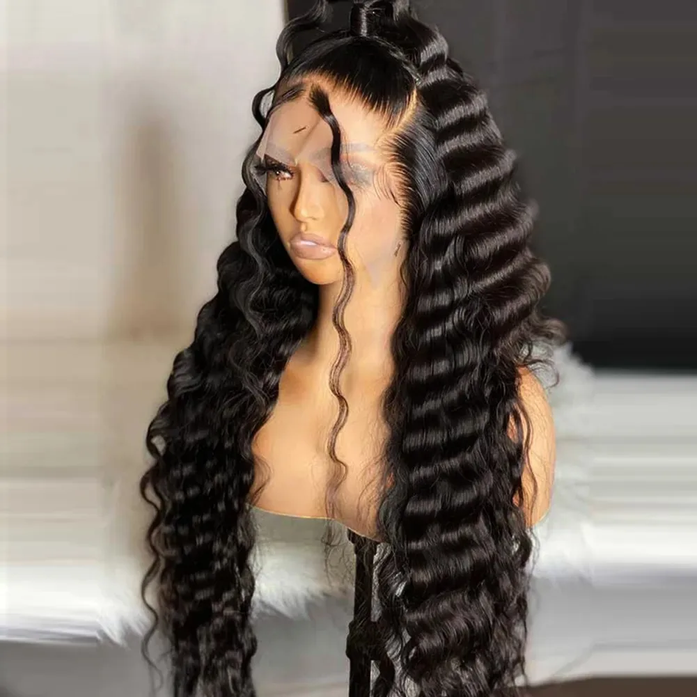 Black Deep Wave Lace Front Wig 13x4 Long HD Transparent Glueless Wigs For Women PrePlucked Synthetic Heat Resistant For Wemon