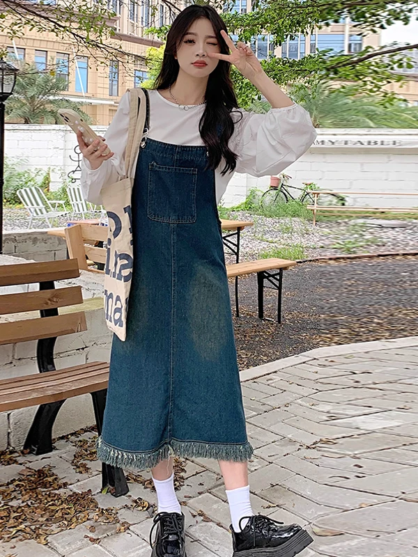 Slimming Effect Vintage Large Size Midi Denim Overalls Women's Spring Autumn New Style Tummy Control Slimming Dress for plus ...