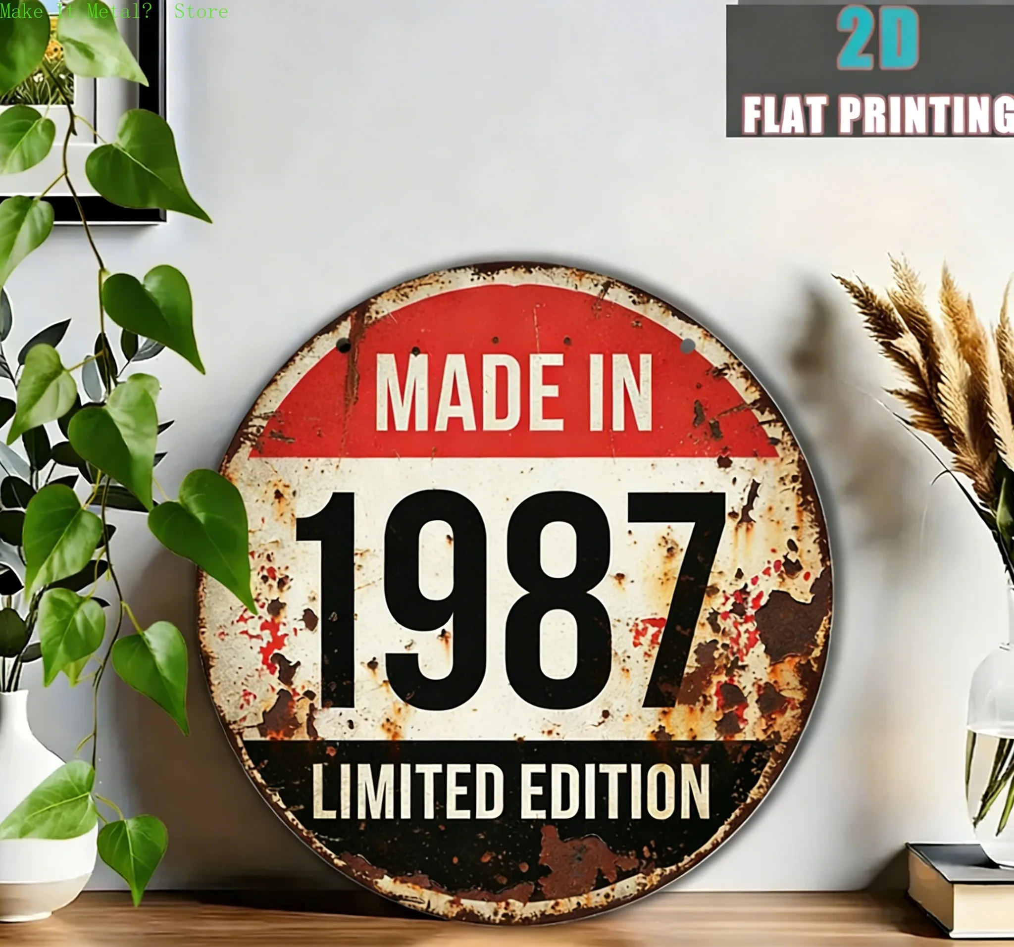 2D Flat Made in 1987 Limited Edition Round Metal Sign, Retro Rustic Wall Decor for Home Bar & Birthday Gift