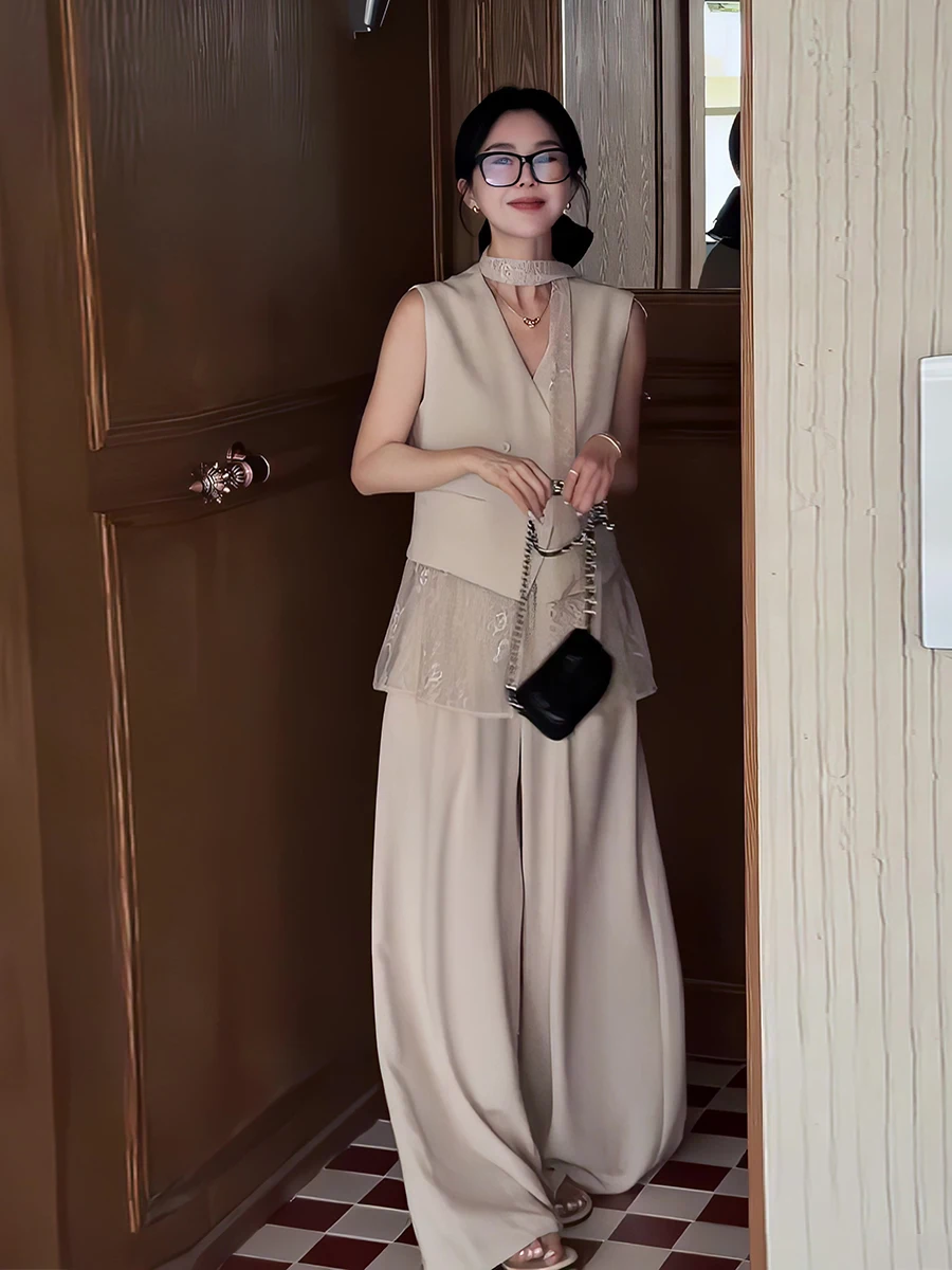 

Fashionable Slimming Korean Style Sleeveless Suit Vest And Wide Leg Pants Set Women's Summer 2026 Breathable Lightweight Poly...