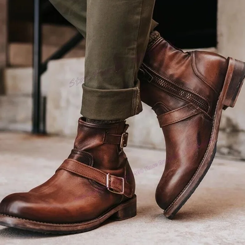 

Brown Matte Leather Strappy Decor Men's Vintage Boots Cowboy Zipper Chunky Heels Shoes Chelsea Classical Shoes for Men New Style