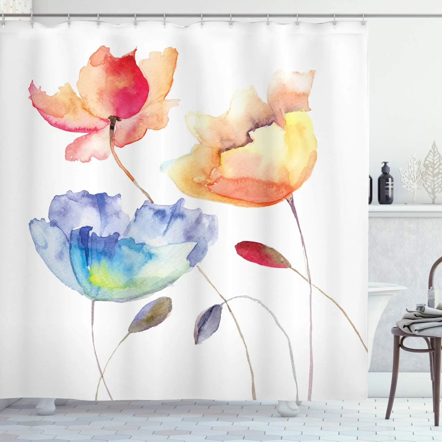

Floral Watercolor Shower Curtain Colorful Painted Flowers Bathroom Decor Artistic Design Modern Boho Style Bath Set Home
