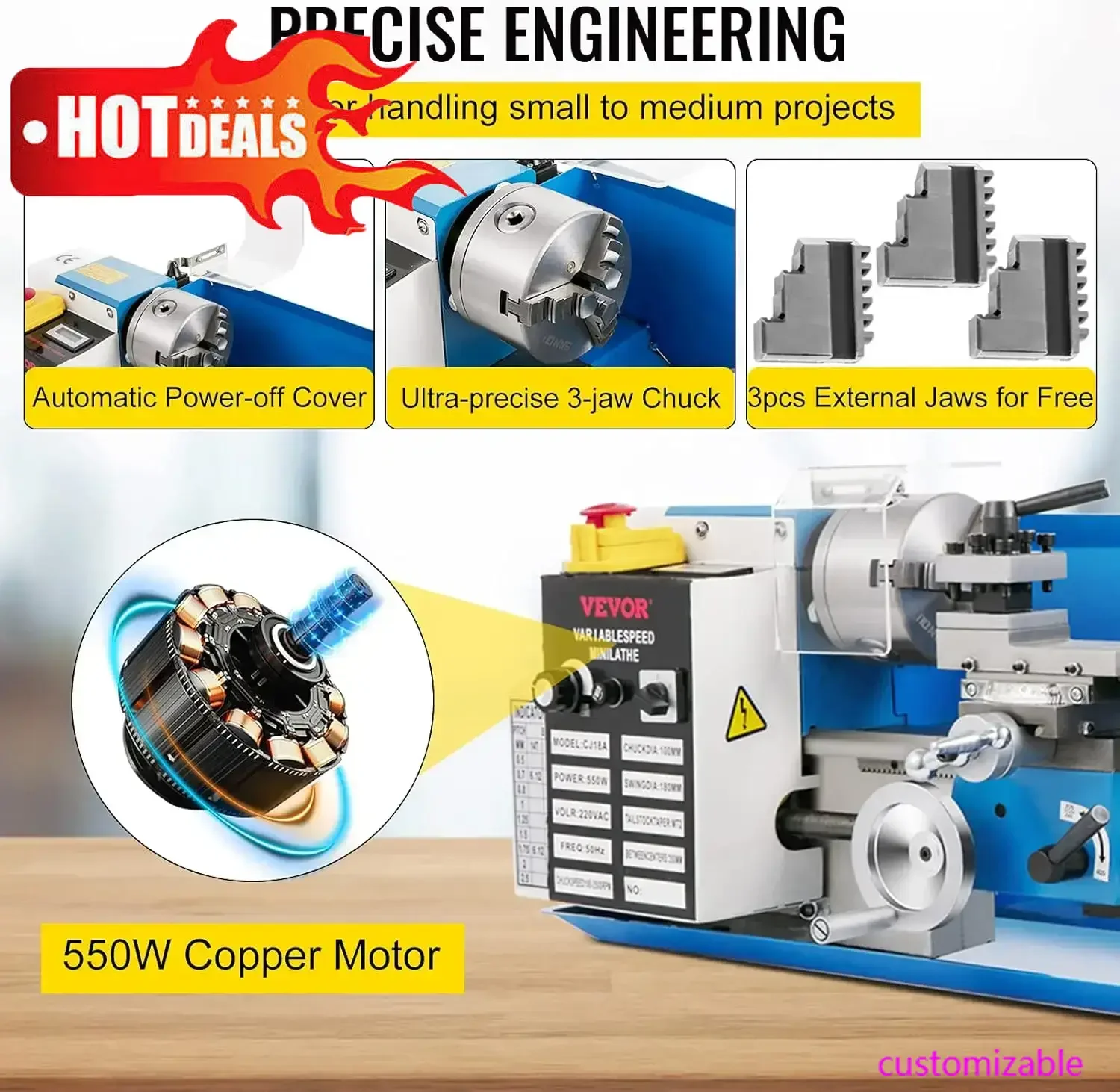 مخرطة معدنية صغيرة جديدة، مخرطة معدنية مقاس 7 × 14 بوصة، مع ماكينة مخرطة صغيرة CNC ذات 3 فك، صندوق مخرطة صغير دقيق، ديس رقمي