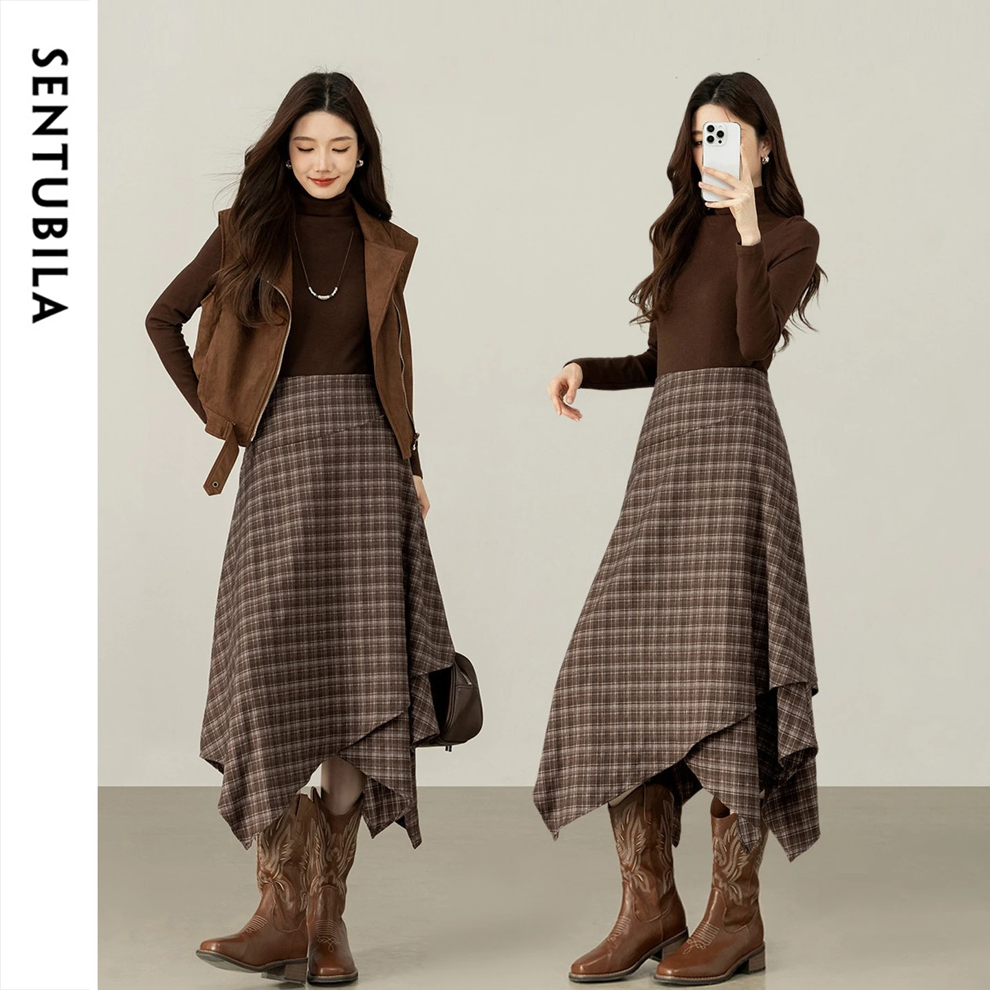 SENTUBILA Ladies Vintage Coffee Plaid Skirt 2026 Winter Irregular High Waist A-Line Midi Skirts Woman Clothing W54QP5992