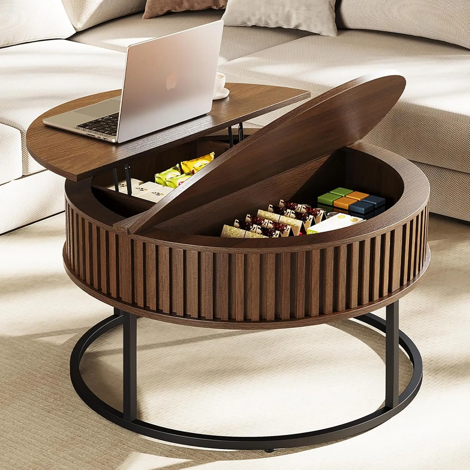 

Round Coffee Table With Lift Top - Fluted Wood Center Coffee Tables For Living Room, Lifting Up For Dining, Large