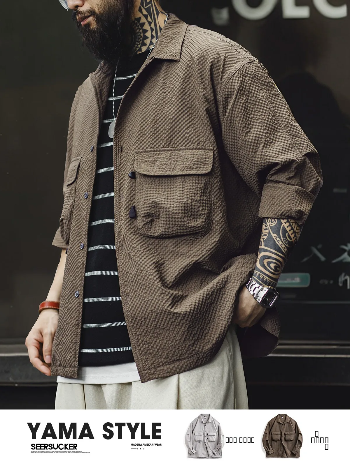

Maden Workwear Mountain Series Outdoor Cuba Collar Bubble Shirt Men's Spring Summer Long Sleeve Anti-Wrinkle Pocket Thin Shirt