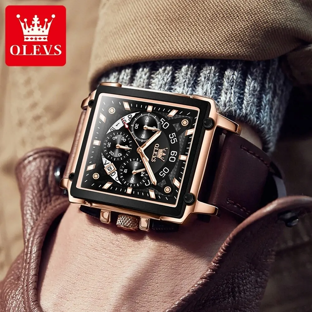 OLEVS 9919 Men Watch Fashion Square Dial Leather Strap Chronograph Waterproof Sports Clock Luxury Original Quartz Wristwatch Man