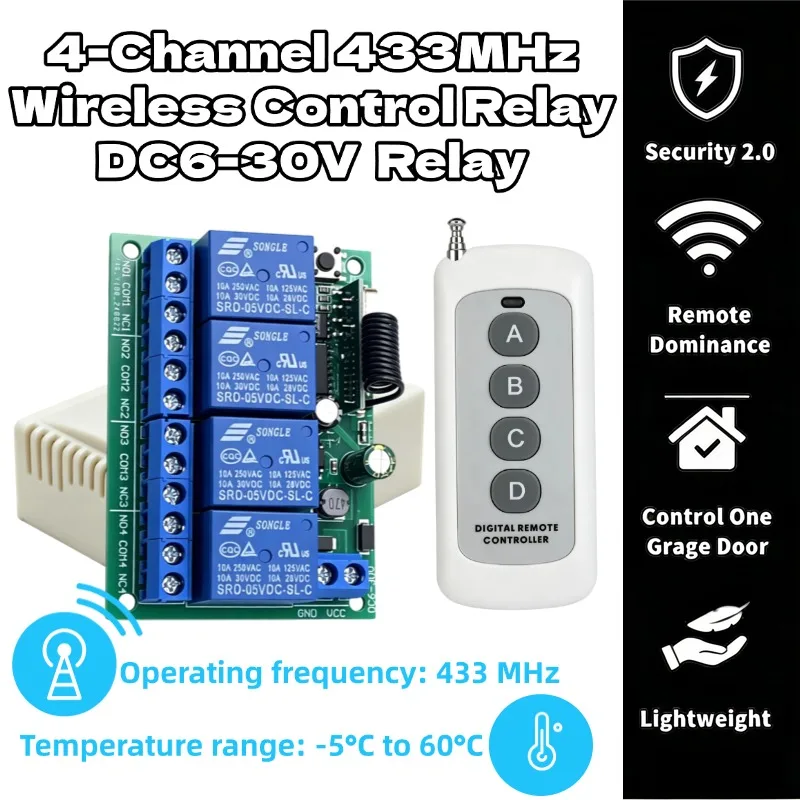 RF Universal Wireless Remote Control Switch 433MHz DC 6V 12V 24V 10A Relay Receiver,50m Transmitter for Garage Door Motor Lamp